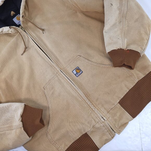 VINTAGE Carhartt Hooded Jacket Beige SZ MEDIUM Distressed Work Stain Paint AS-IS - Picture 6 of 16